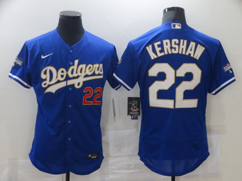 Men Los Angeles Dodgers 22 Kershaw Blue Elite 2021 Nike MLB Jersey1